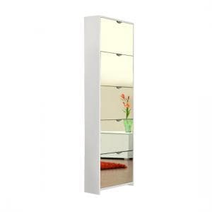 Boddem Mirrored Shoe Cabinet In White With 5 Flap Doors - UK