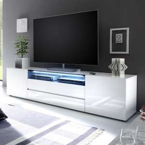 Genie Wide High Gloss TV Stand In White With LED Lighting - UK