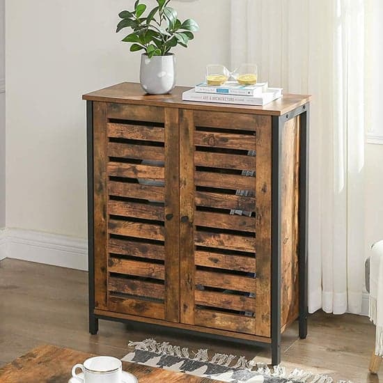 Peoria Wooden 2 Louvered Doors Storage Cabinet In Rustic Brown