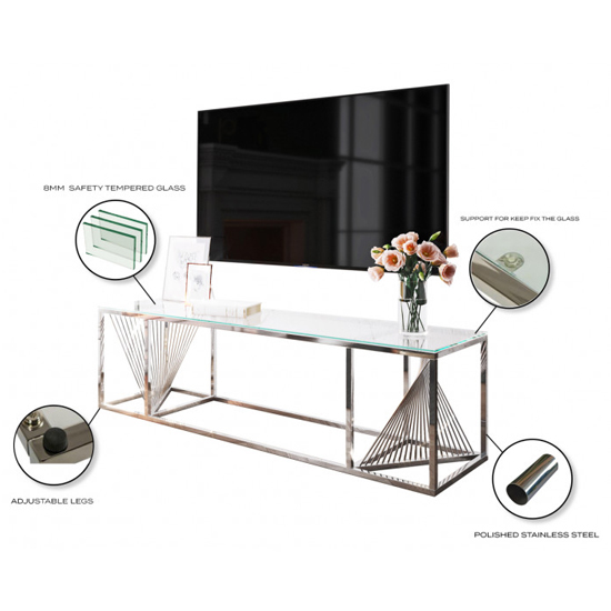 Bolzano Clear Glass TV Stand With Silver Stainless Steel Legs FiF