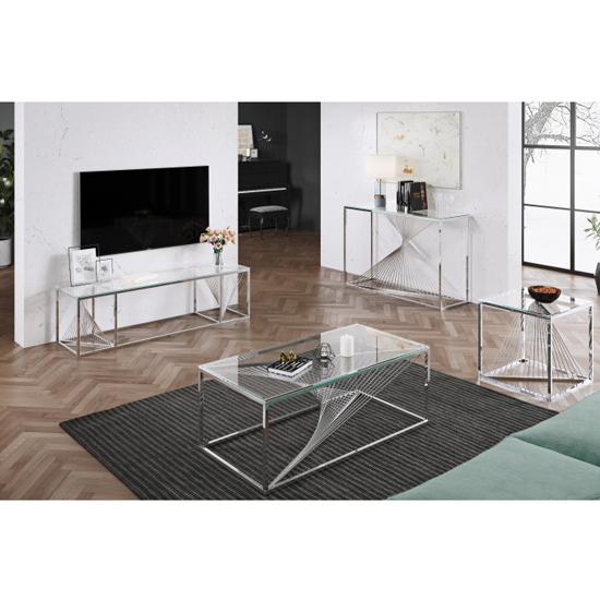 Bolzano Clear Glass Tv Stand With Silver Stainless Steel Legs Fif