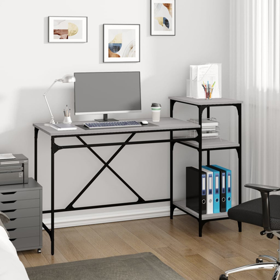 Gia Wooden Computer Desk Large With Shelves In Grey Sonoma Oak