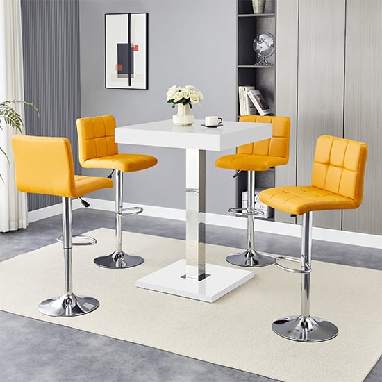 Topaz White High Gloss Bar Table With 4 Coco Curry Stools