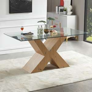 Zanti Clear Glass Dining Table With Oak Wooden Base - UK
