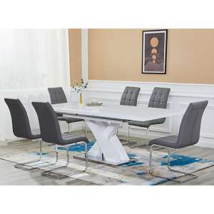 Axara Large Extending White Dining Table 6 Paris Grey Chairs - UK