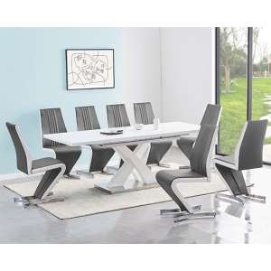 Axara Large Extending White Dining Table 8 Gia Grey Chairs - UK