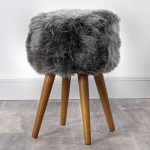 Bovril Sheepskin Stool With Oak Wooden Legs In Grey - UK