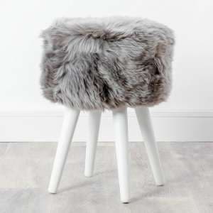 Bovril Sheepskin Stool With White Wooden Legs In Grey - UK