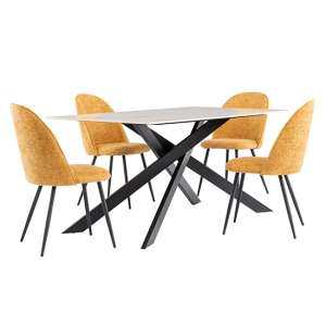 Caelan 160cm Kass Marble Dining Table 4 Raisa Yellow Chairs - UK
