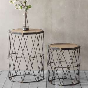 Caylee Wooden Set Of 2 Side Tables With Metal Frame In Natural - UK