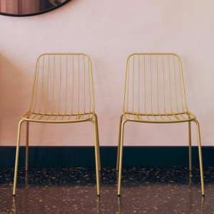 Cedar Gold Metal Wired Design Dining Chairs In Pair - UK