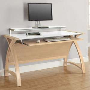 Cohen Curve Computer Desk Large In White Glass Top And Oak - UK