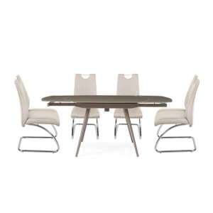 Cortina Extendable Glass Dining Table In Taupe 4 Champagne Chair - UK
