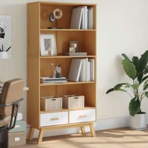 Dawlish Wooden Bookcase With 2 Drawers In White And Brown - UK
