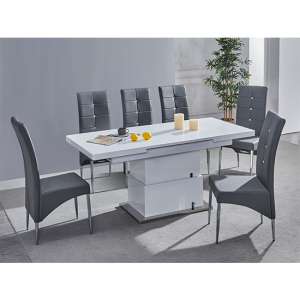 Elgin Convertible White Gloss Dining Table 6 Vesta Grey Chairs - UK