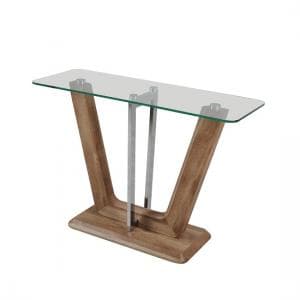 Furio Console Table In Clear Glass With Chrome And Wooden Base - UK