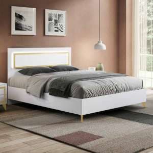 Geneva High Gloss King Size Bed In White And Gold With LED - UK