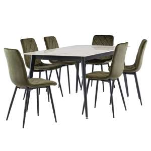 Inbar 160cm Kass Marble Dining Table 6 Basia Juniper Chairs - UK
