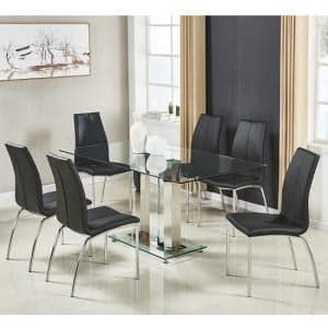 Jet Large Glass Dining Table In Clear And 6 Opal Black Chairs - UK