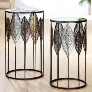 Leaves Clear Glass Top Set Of 2 Side Tables With Metal Frame - UK