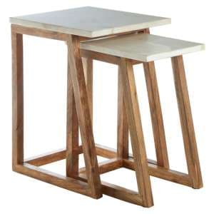 Maren White Marble Top Nest Of 2 Tables With Wooden Base - UK