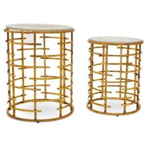 Mekbuda Round White Marble Top Nest Of 2 Tables With Gold Frame - UK