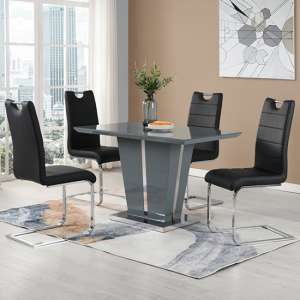 Memphis Small Grey Gloss Dining Table With 4 Petra Black Chairs - UK