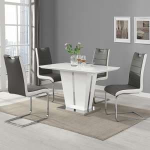Memphis Small White Gloss Dining Table 4 Petra Grey Chairs - UK
