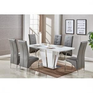 Memphis Large White Gloss Dining Table 6 Vesta Grey Chairs - UK