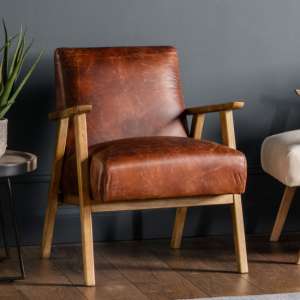 Neelan Leather Armchair With Wooden Frame In Vintage Brown - UK