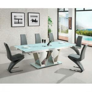 Nico Extending Glass Dining Table In White And 6 Grey Chairs - UK