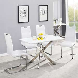 Petra Small White Glass Dining Table With 4 Petra White Chairs - UK