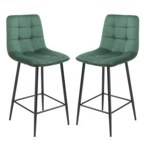 Sandy Squared Green Velvet Bar Chairs In Pair - UK