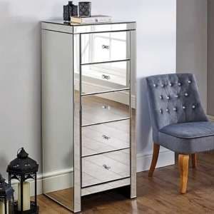 Saville Mirrored Chest Of 5 Drawers Narrow In Silver - UK