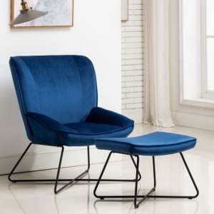 Teagan Velvet Upholstered Accent Chair In Blue With Footstool - UK