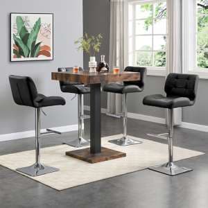 Topaz Rustic Oak Wooden Bar Table With 4 Candid Black Stools - UK