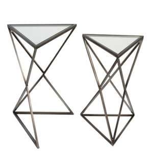 Triangle Clear Glass Top Set Of 2 Side Tables With Metal Frame - UK