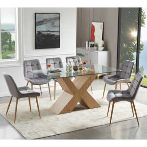 Zanti Glass Dining Table In Oak Base With 6 Primo Grey Chairs - UK