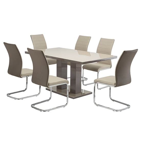 Aarina Latte Gloss Dining Table With 6 Joster Taupe Chairs | Furniture ...