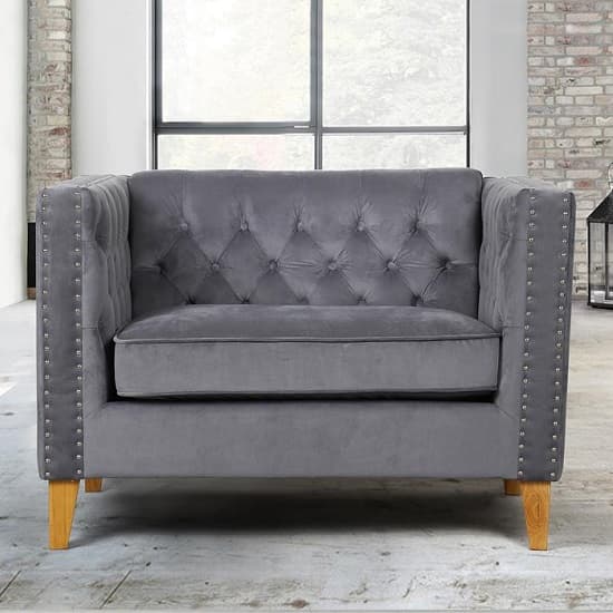 Atherton Fabric Sofa Chair In Grey Velvet With Wooden Legs | Furniture ...