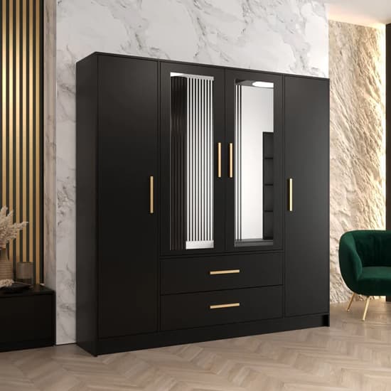 Bastia Mirrored Wardrobe With 4 Doors 2 Drawers In Black | Furniture in ...