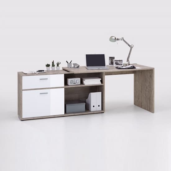 Mattia Corner Computer Desk In Sand Oak And White High Gloss ...