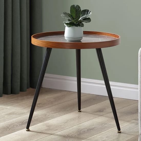 Sabri Wooden Lamp Table Round In Black Marble Effect | Furniture in Fashion