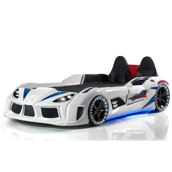Sanford Kids Racing Car Bed In White With Back Seat And LED_1