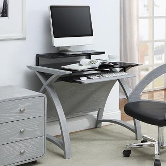 Black glass deals desk with drawers