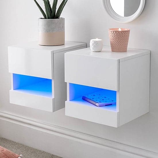 White high gloss floating bedside outlet table