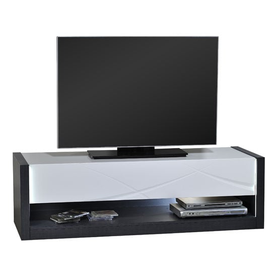 View Eclypse tv stand in dark grey with white gloss drawer and lights