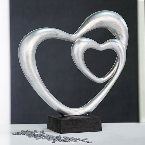 Double Heart Sculpture In Silver With Black Base | Furniture in Fashion