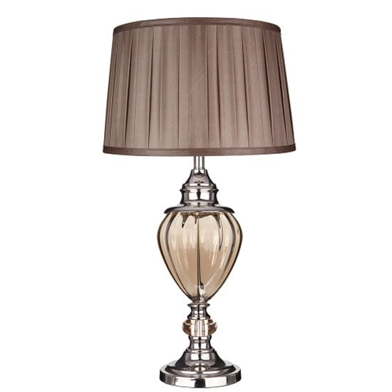 Photo of Chrome table lamp with amber glass and brown pleated tapered sha