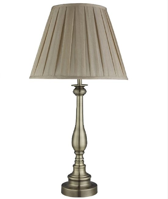 Read more about Antique brass table lamp with mink pleated fabric shade